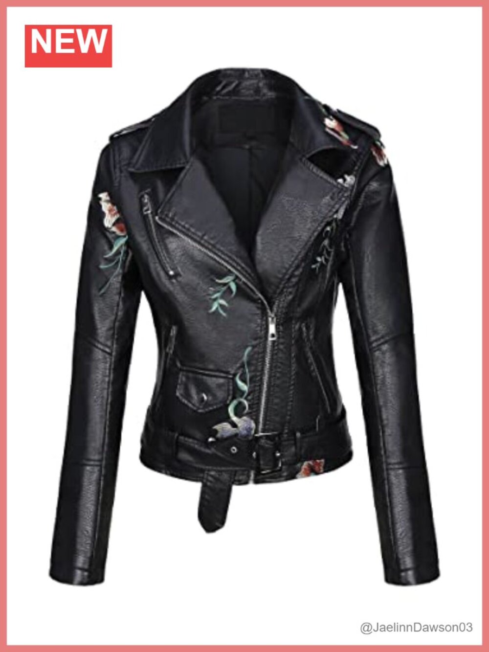 Faux Leather Moto Jacket Floral Embroidered Lightweight Coat
